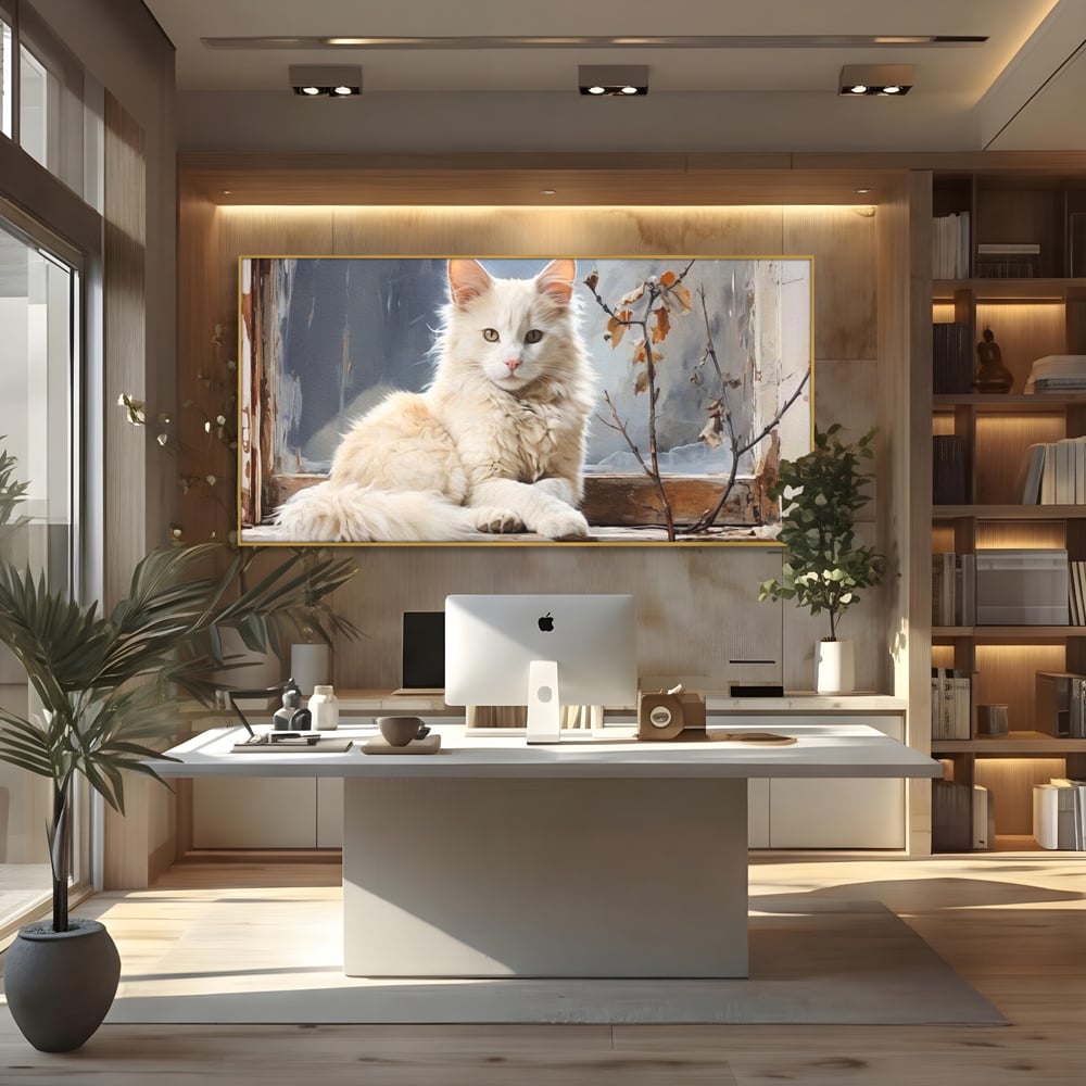 Tablou canvas cu tablou canvas cu pisica alba pe fereastra, in rama de aluminiu auriu, pe perete intr-un birou